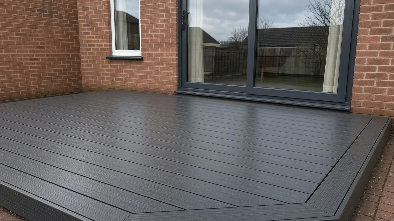 Example image: dark grey composite boards fixed with hidden clips, close view