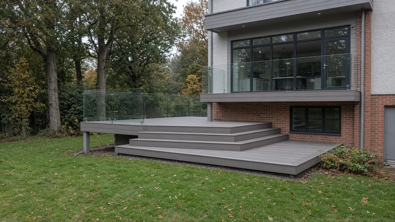 Example image: two-level deck stepping down beside a house with glass balustrade