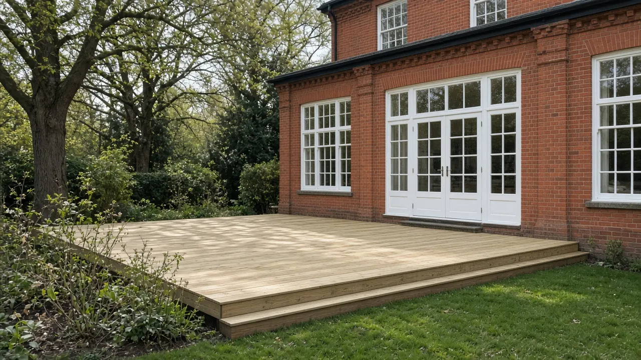 Example image: treated softwood deck behind an Edwardian house in West Park