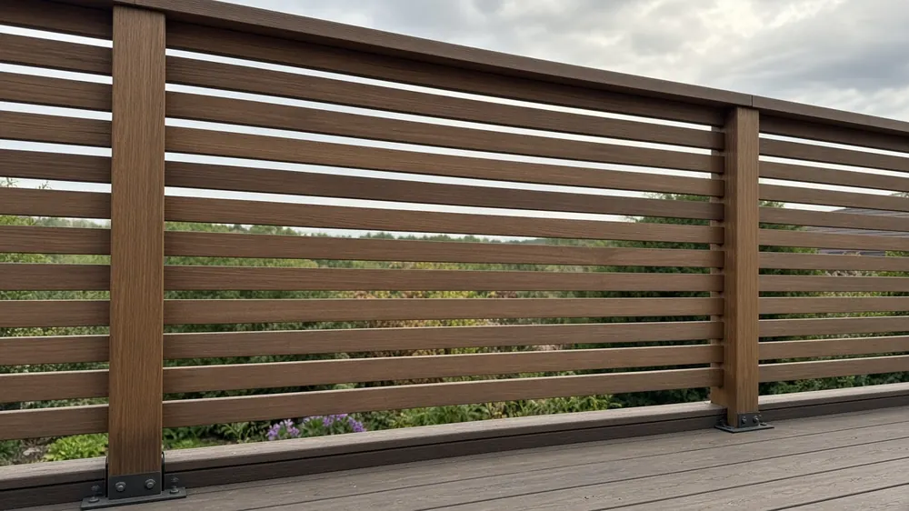 Example image: slatted screen fixed to strong posts on a deck
